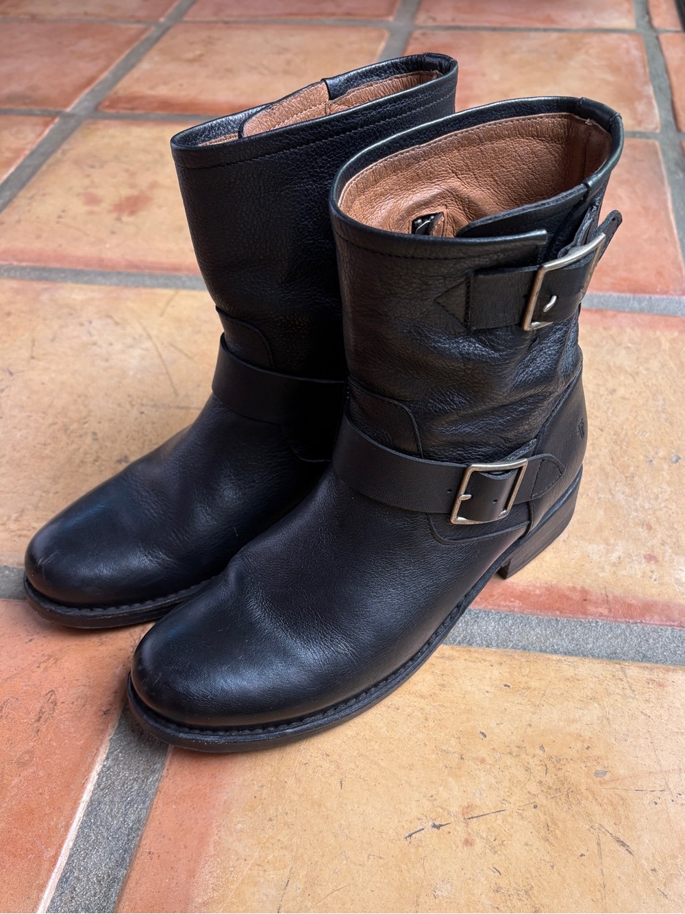 Frye Black Leather Double-Buckle Moto Boots, Size 8 - Picture 5 of 9